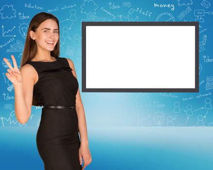 Business lady in black dress on abstract background with empty square shape place