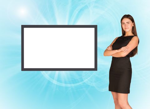 Happy business lady in black dress on abstract background with empty square shape place