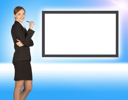 Business lady holding pen on abstract background with empty square shape place