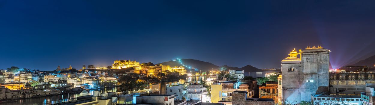 Udaipur at night, Panorama. Udaipur, Rajasthan, India, Asia