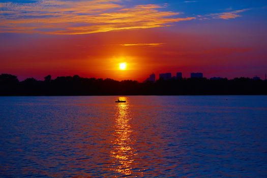 Sunrise over the river. Dnepr river. Kiev