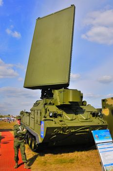 MOSCOW, RUSSIA - AUG 2015: Station target detection anti-aircraft Buk missile system SA-11 Gadfly presented at the 12th MAKS-2015 International Aviation and Space Show on August 28, 2015 in Moscow, Russia