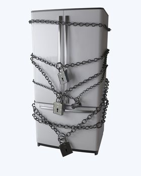 Dieting concept. Refrigerator, chain and lock