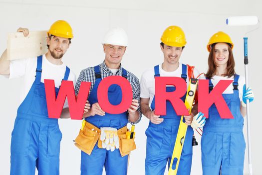 group of workmen with word work