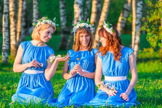 girlfriends with wreaths on their heads, sitting on a green meadow in summer