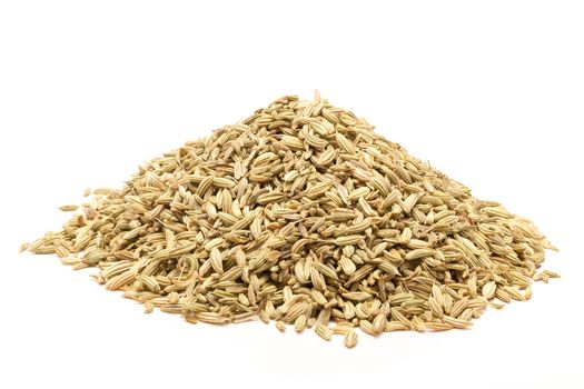 Pile of Organic Fennel seed (Foeniculum Vulgare) isolated on white background