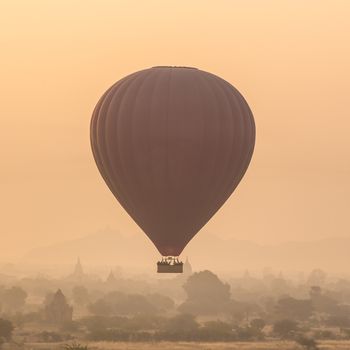 Air balloon above temples of Bagan an ancient city located in the Mandalay Region of Burma, Myanmar, Asia.