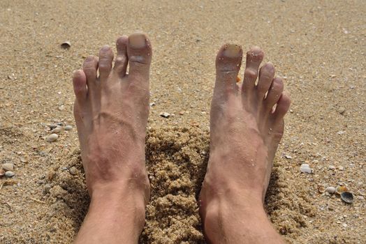 Men's feet are resting on the beach