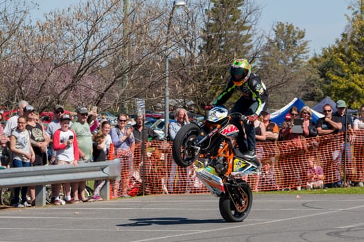 VICTORIA/AUSTRALIA - SEPTEMBER 2015: Stunt motorcycle rider performing at a local car show on the 13 September 2015 in Corowa.