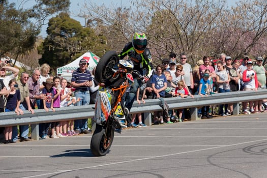 VICTORIA/AUSTRALIA - SEPTEMBER 2015: Stunt motorcycle rider performing at a local car show on the 13 September 2015 in Corowa.