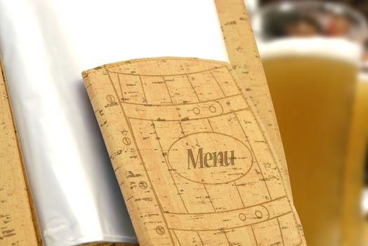 beige beer  menu ( barrel shaped ) in a restaurant or cafe