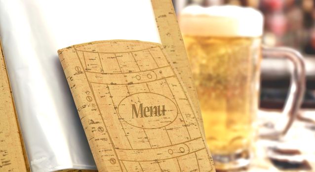 beige beer  menu ( barrel shaped ) in a restaurant or cafe