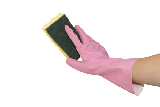 hands in pink gloves wash  white plate