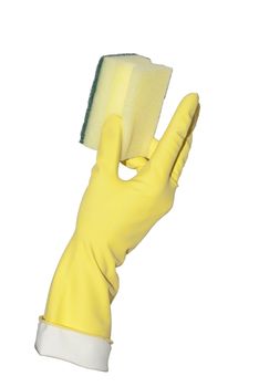 yellow glove holds profiled household sponge