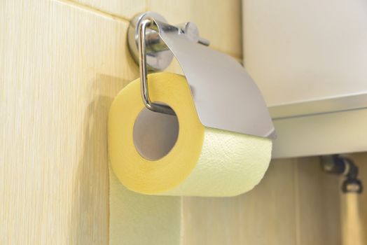 Toilet yellow paper and toilet paper holder.