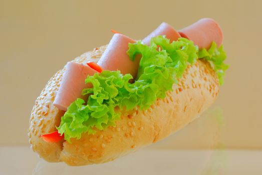 submarine sandwich with sausage and green lettuce on glass table