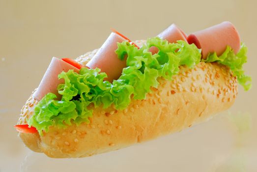 submarine sandwich with sausage and green lettuce on glass table