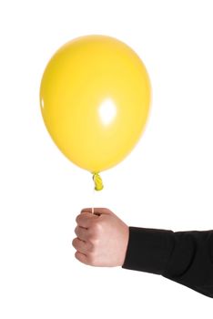 man holding yellow baloonn isolated