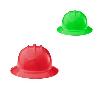 Red and green construction helmets shot