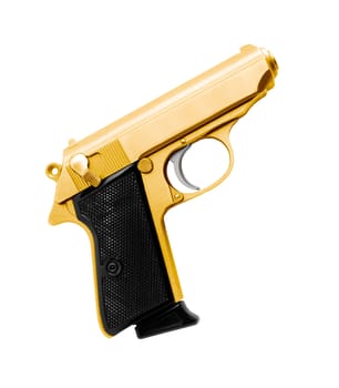 Golden revolver gun isolated on white