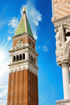 Detail of the bell tower of St. Mark and Doge Palace in the city of Venezia (UNESCO world heritage site), Veneto, Italy