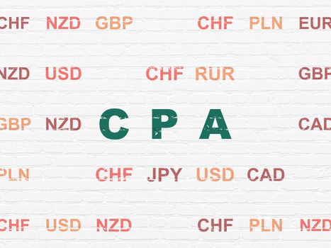 Business concept: Painted green text CPA on White Brick wall background with Currency