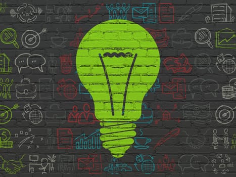 Finance concept: Painted green Light Bulb icon on Black Brick wall background with  Hand Drawn Business Icons
