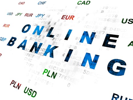 Finance concept: Pixelated blue text Online Banking on Digital wall background with Currency