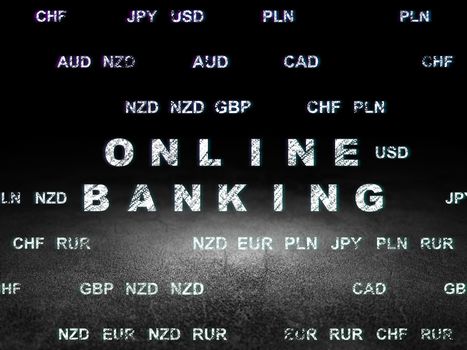 Finance concept: Glowing text Online Banking in grunge dark room with Dirty Floor, black background with Currency