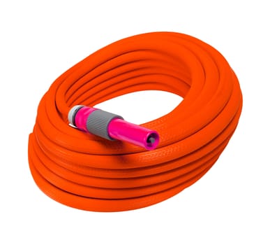 red garden hose with nozzle