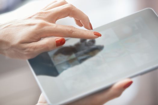 Hands of woman using digital tablet
