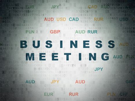Finance concept: Painted blue text Business Meeting on Digital Paper background with Currency