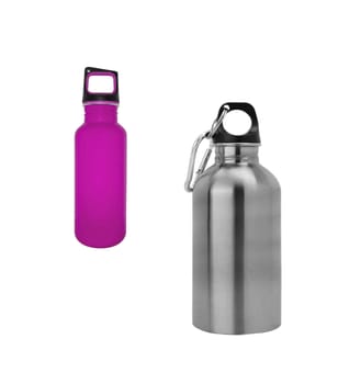 Aluminium and purple flasks isolated on white background