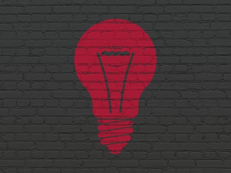 Business concept: Painted red Light Bulb icon on Black Brick wall background