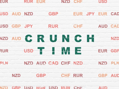Finance concept: Painted green text Crunch Time on White Brick wall background with Currency