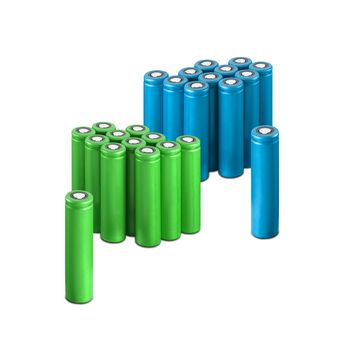 blue and green AA batteries. isolated over white background