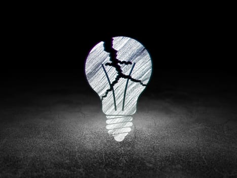 Business concept: Glowing Light Bulb icon in grunge dark room with Dirty Floor, black background