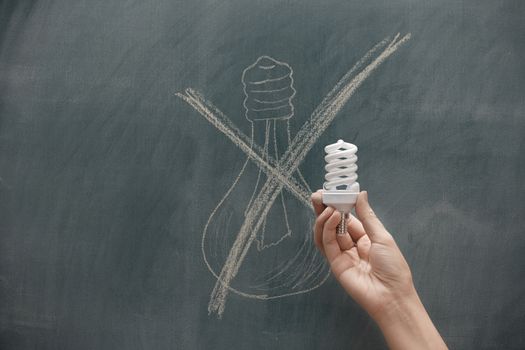 Human hand holding energy saving lamp at the blackboard with traditional lamp