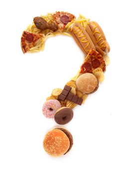 Fast food including burgers, pizza fries, hot dogs and chocolate in the shape of a question mark over a white background