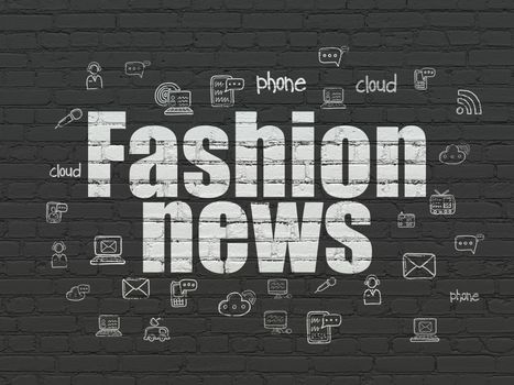 News concept: Painted white text Fashion News on Black Brick wall background with  Hand Drawn News Icons
