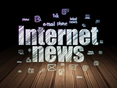 News concept: Glowing text Internet News,  Hand Drawn News Icons in grunge dark room with Wooden Floor, black background