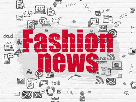 News concept: Painted red text Fashion News on White Brick wall background with Scheme Of Hand Drawn News Icons