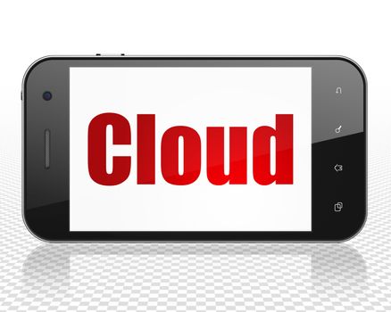 Cloud technology concept: Smartphone with red text Cloud on display