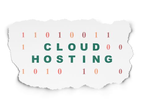 Cloud computing concept: Painted green text Cloud Hosting on Torn Paper background with  Binary Code