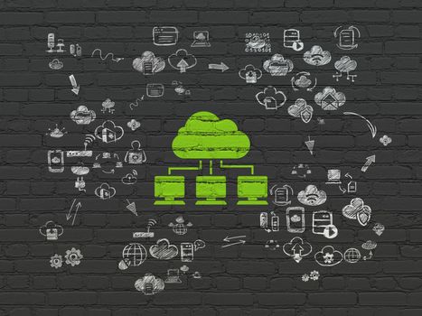 Cloud technology concept: Painted green Cloud Network icon on Black Brick wall background with Scheme Of Hand Drawn Cloud Technology Icons