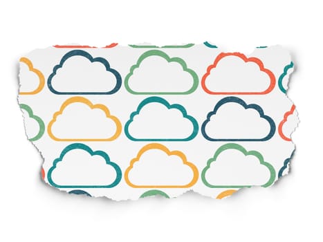 Cloud networking concept: Painted multicolor Cloud icons on Torn Paper background