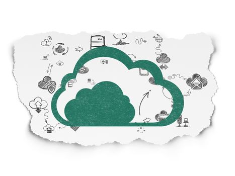 Cloud technology concept: Painted green Cloud icon on Torn Paper background with Scheme Of Hand Drawn Cloud Technology Icons