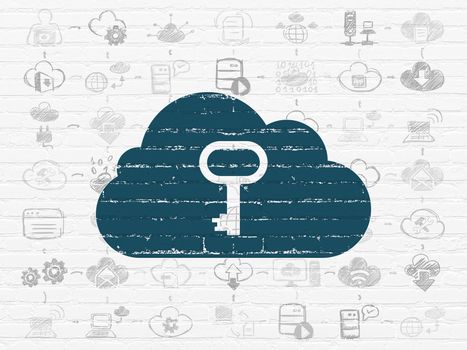Cloud computing concept: Painted blue Cloud With Key icon on White Brick wall background with Scheme Of Hand Drawn Cloud Technology Icons