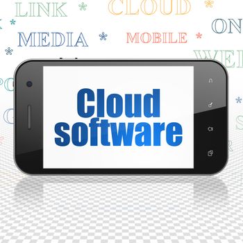 Cloud networking concept: Smartphone with  blue text Cloud Software on display,  Tag Cloud background