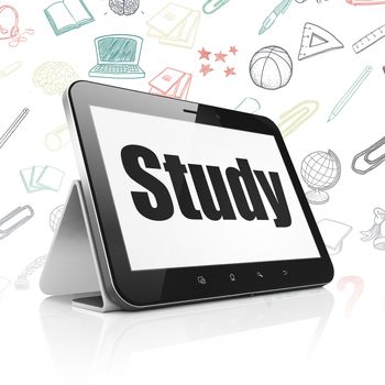 Studying concept: Tablet Computer with  black text Study on display,  Hand Drawn Education Icons background